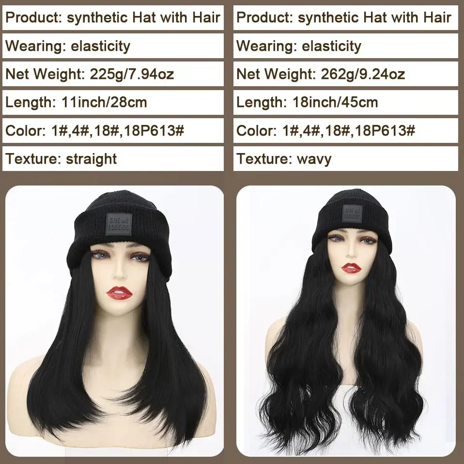 Hat Wig Knitted Beanie Wig Hat Hair Extension 11''18'' Long Wavy Curly Black Hat Wig Synthetic Hairpiece for Women Girls Winter