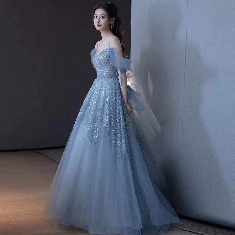 

Simple Dusty Blue Tulle Korea Wedding Dress Customised Strapless Lace Up Prom Evening Gowns Floor Length Photo Shoot Dresses