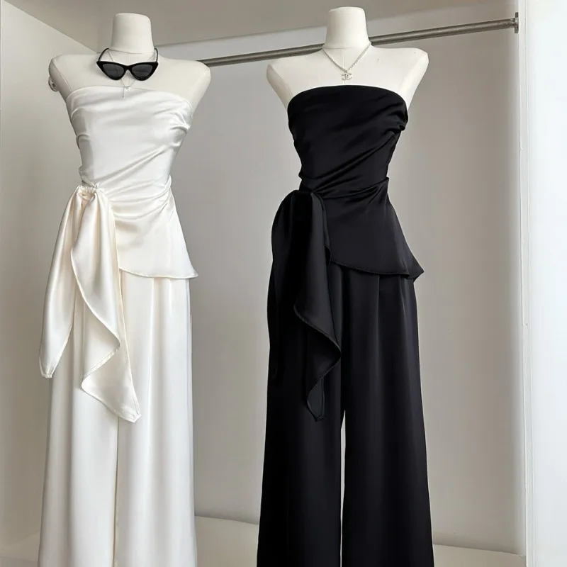 

A daughter-in-law style irregular strapless vest for women in summer high waist loose casual wide-leg pants two-piece set