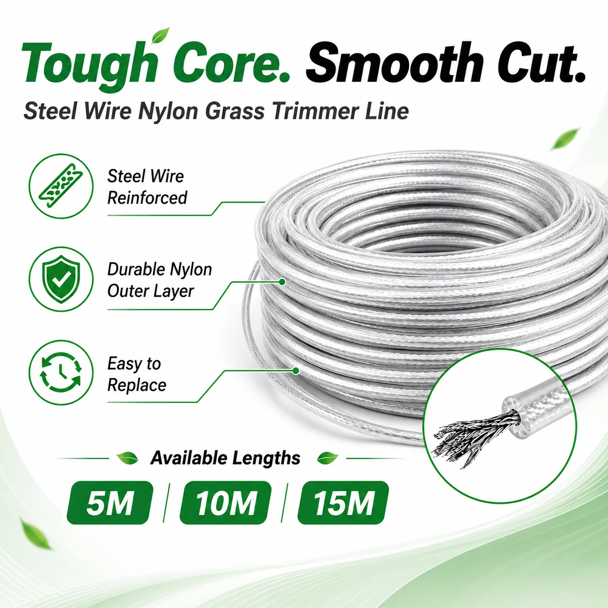 Fio de Nylon para Roçadeira de Aço 5M/10M/15M, Corda para Roçadeira, Cabo para Cortador de Grama, Rolo de Reposição Redondo Durável para Corte de Grama