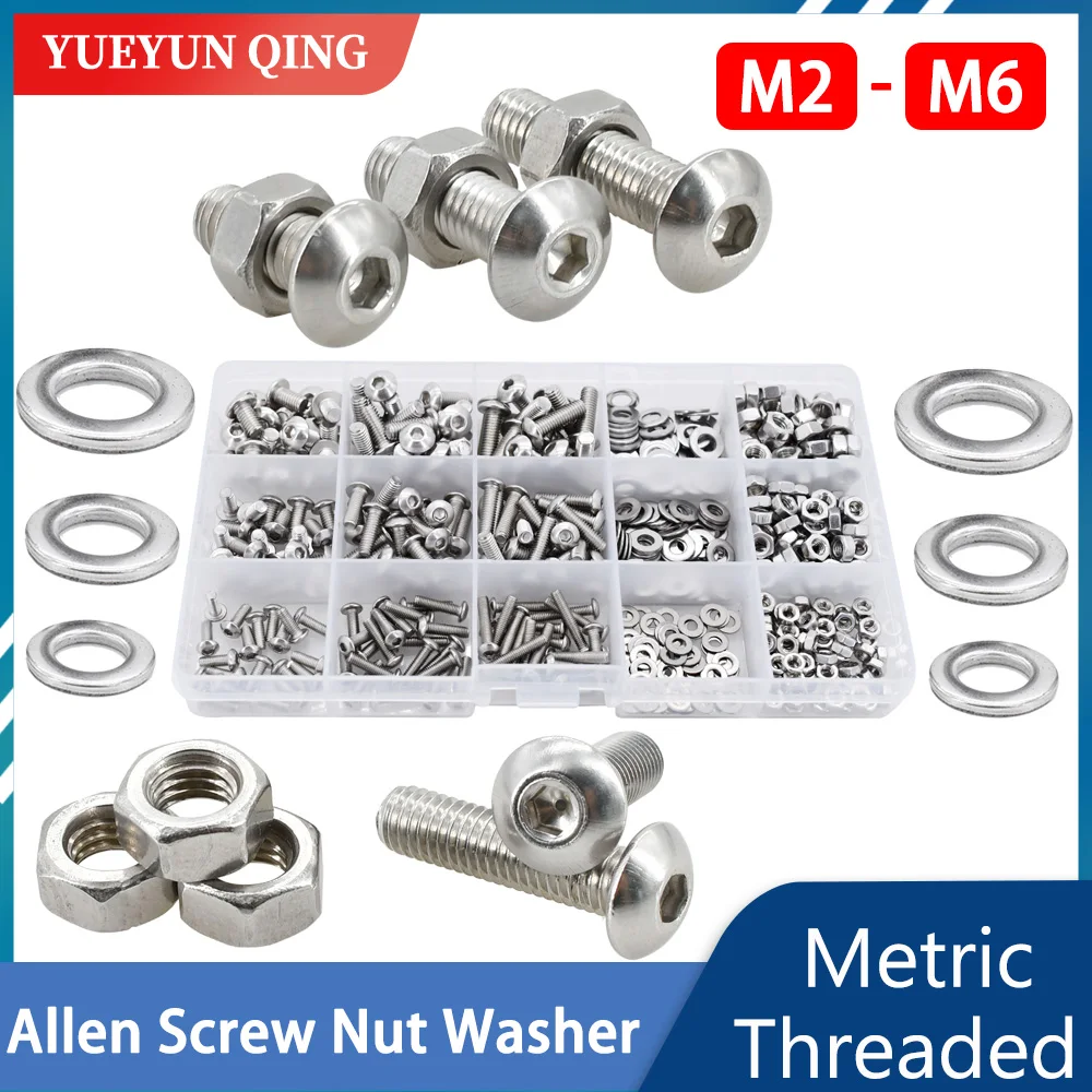 

304 Stainless Steel Allen Screw Bolt Nut Washer Set Metric Threaded Hex Machine Screws Nuts Gaskets Kits With Box M2 M3 M4 M5 M6