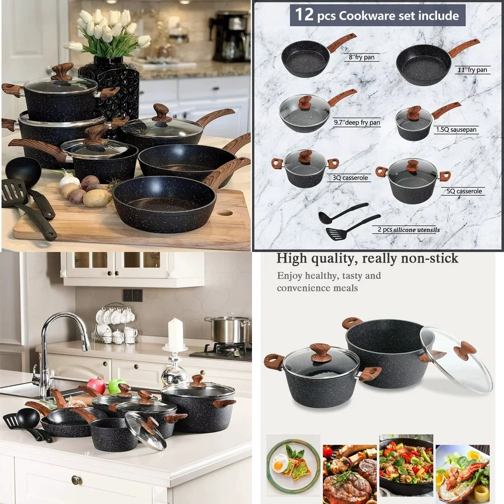 

Cookware Sets12 Piece Non Stick Cookware Set Granite Coated Pots and Pans with Lid Kitchen Essentials