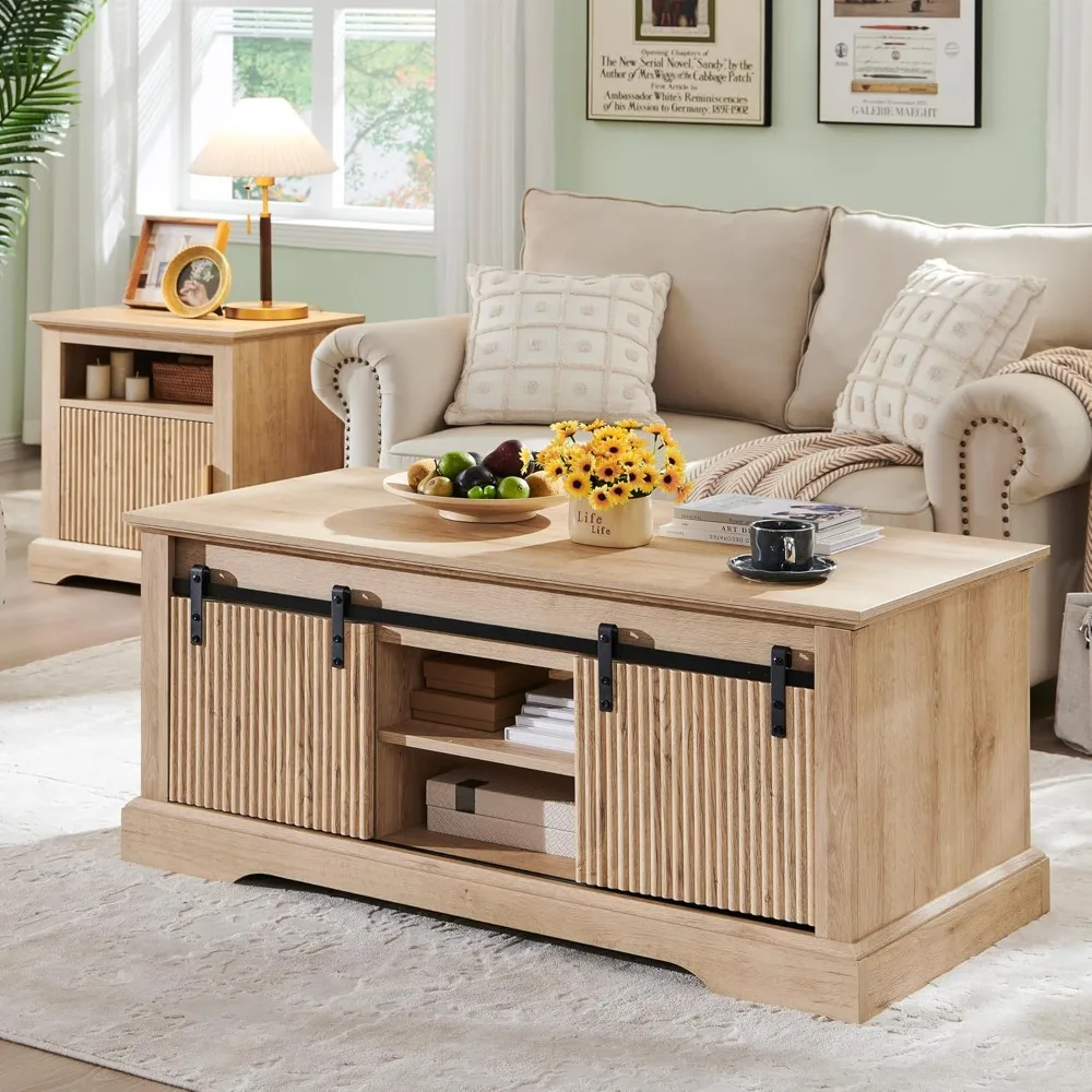 46" Fluted Lift Top Coffee Table with Sliding Door, Modern Center Table w/Adjustable Storage Shelf & Hidden Compartment