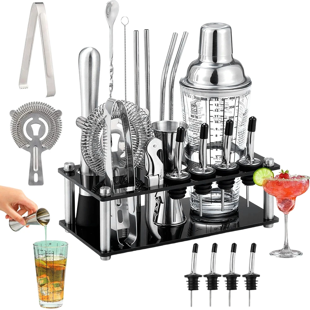 Set di strumenti per cocktail con scaffale in acrilico per riporre gli accessori, shaker in vetro da 400 ml lavabile in lavastoviglie, kit da barman per bar, discoteche, feste e preparazione di