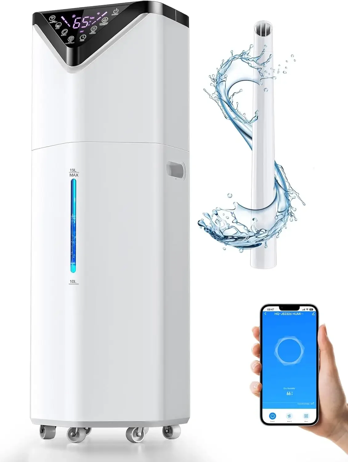 Umidificador para salas grandes domésticas de até 2800 pés2, APP Wi-Fi e Controle Remoto, 5Gal 1000ml / h Mist Output Auto 180 ° Rotação do tubo de névoa