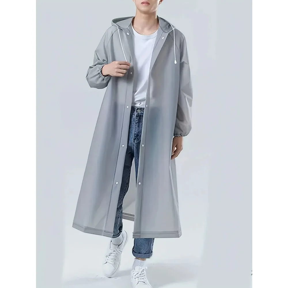 Grey reusable hooded raincoat - lightweight, unisex waterproof EVA poncho for outdoor activities