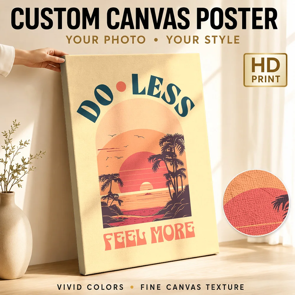 Do Less Feel More Vacation Sunset Positive Affirmations Framed Canvas Print Poster Custom Photo City Wall Art for Office Decor