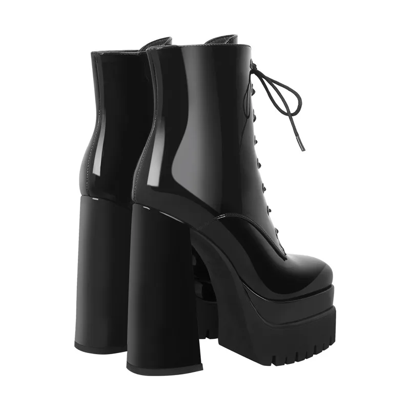 Onlymaker Women Platform Square Toe Ankle Boots Block Chunky High Heel Black Matte Lace Up Thick Party Dress Winter Booties