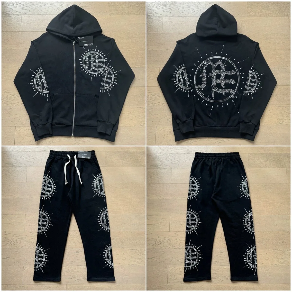 

Mixed Emotion High Street Loose Fit Hooded Diamond Embellished Open Cardigan And Pants Set Casual Cotton Sweatwear for Men