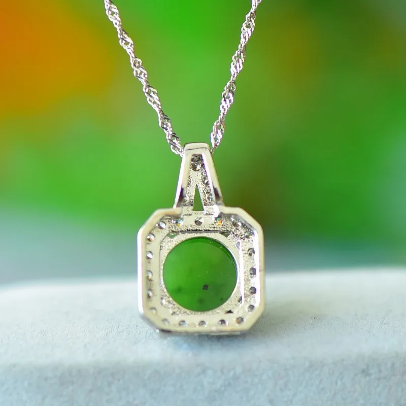 Natural Inlaid Hetian Jade Square Pendant, Jasper Emerald Necklace Accessories