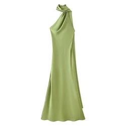 YENKYE High Street Women Sexy Elegant Halter Long Dress Female Fashion Backless Green Satin Party Maxi Vestidos