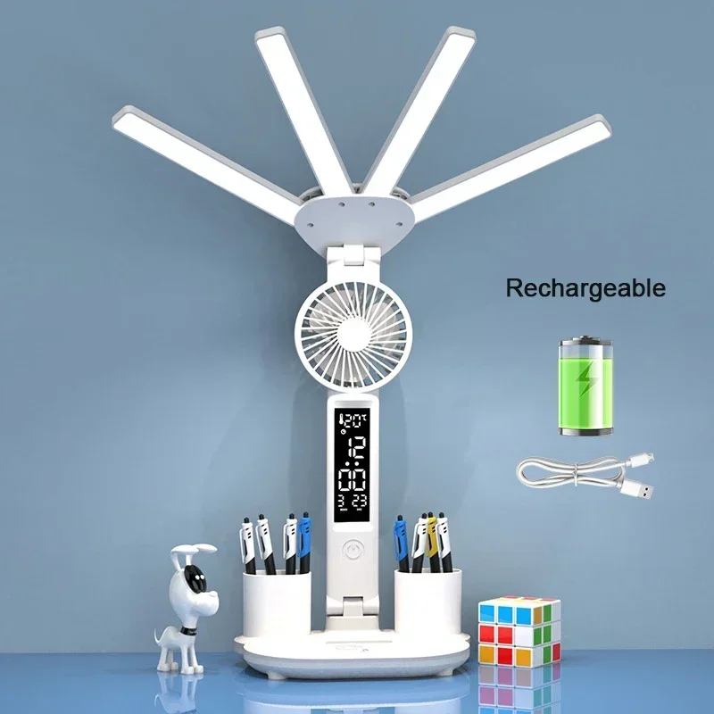 

Rechargeable Led Table Lamp for Study Desk Lamp Reading Light Led Night Light with Fan Led Clock Dispaly Reading Desk Light