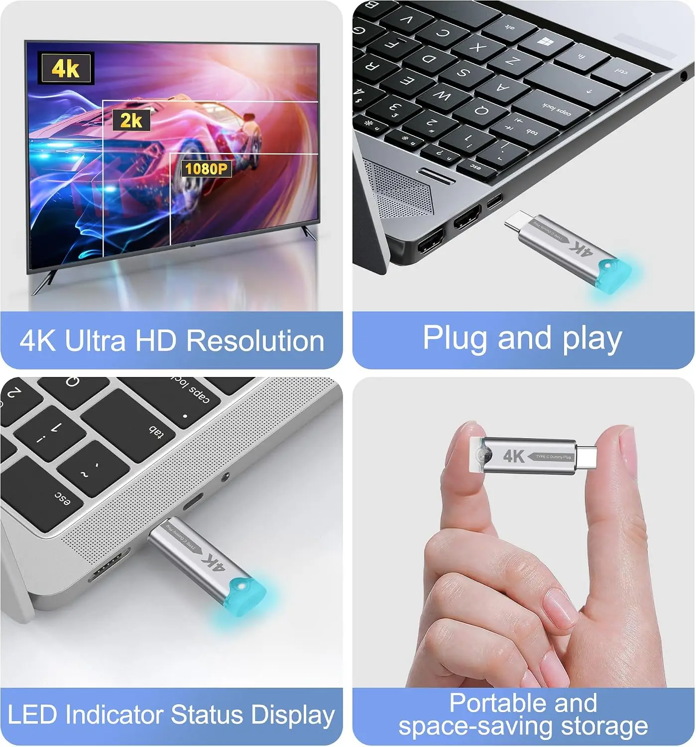 USB Type C Dummys Plug Display Emulator | 4K@60Hz USB-C HDR Virtual Monitor Headless Ghost Adapter with LED Light