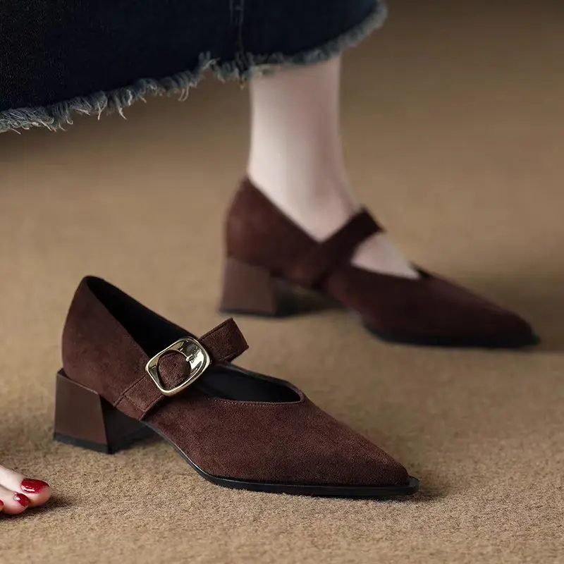 2025 Autumn Deer hide velvet Mary Jane shoes - French retro pointed-toe shallow-toe high-heeled single shoes with belt buckle