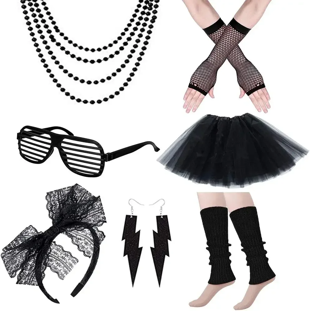 フィッシュネットレッグウォーマー,ピンクグローブ,ネオンネックレス,パール,レースボウ,ヘッドバンド,照明イヤリング,サングラス,80年代の派手なパーティー,Tutu-80s