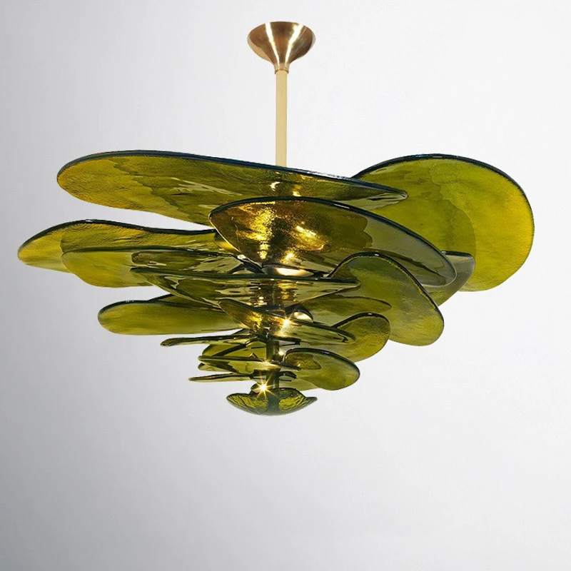 

Danish retro American modern French glass chandelier green warm white light adjustable height air conditioning living room