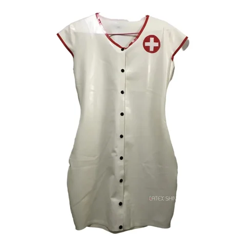 Sexy Sleeveless White Tight Latex Fetish Dress Nurse Cosplay Thigh Length with Front Press Stud
