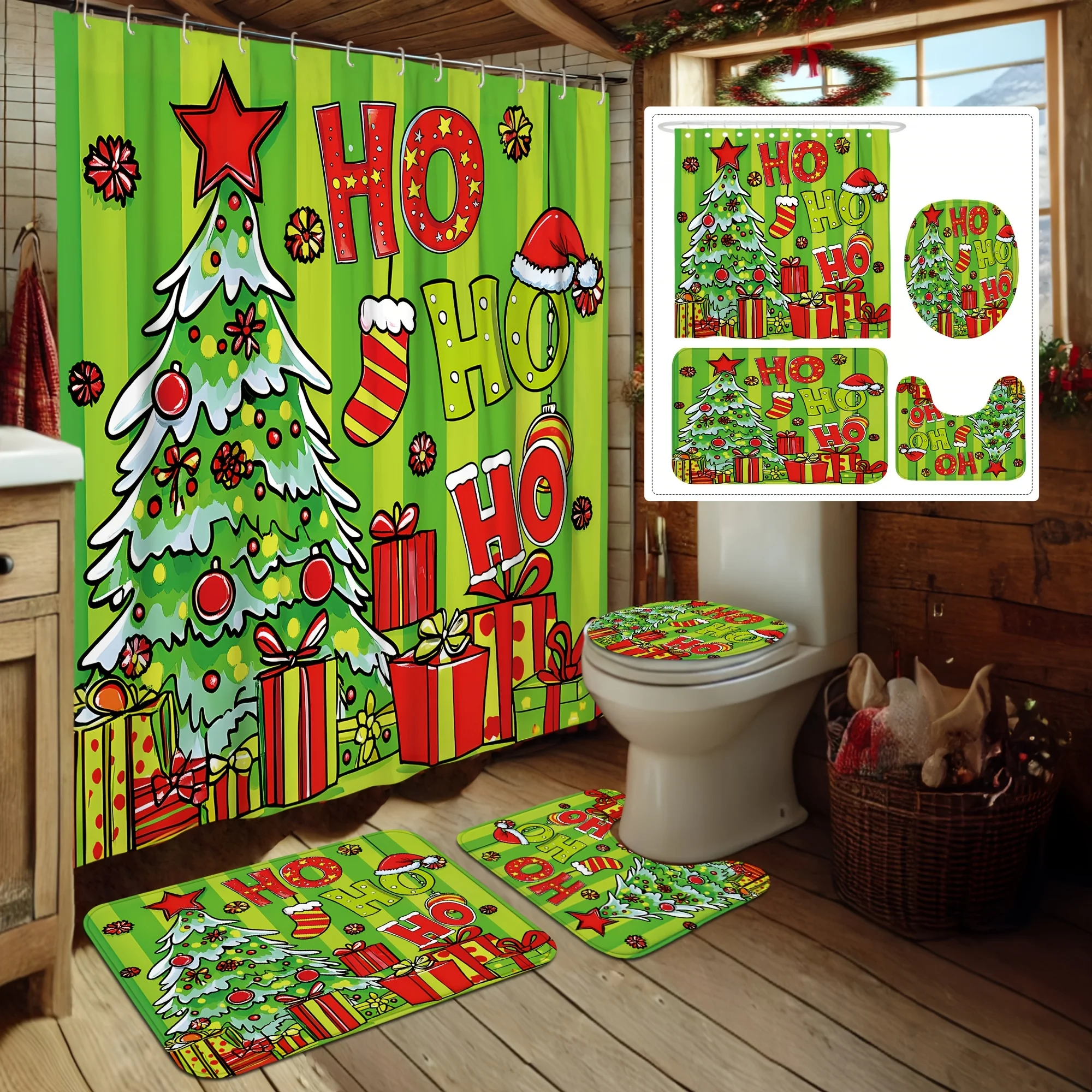 

Colorful Christmas Bathroom Set with Shower Curtain, Toilet Lid Cover & Mats | HO Design with Tree & Gifts | Holiday Decor Gift