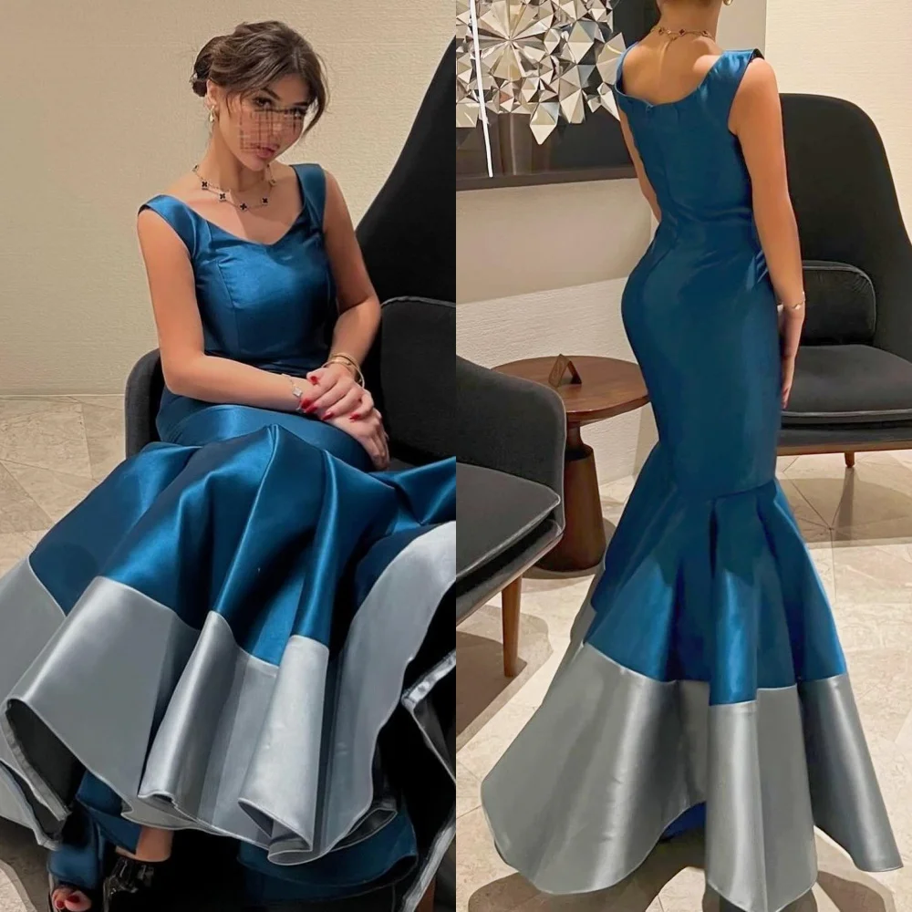 Personalizado exquisito satén plisado volante sirena con cuello en V vestidos por debajo de la rodilla vestidos de graduación estilo moderno Retro elegante Formal clásico