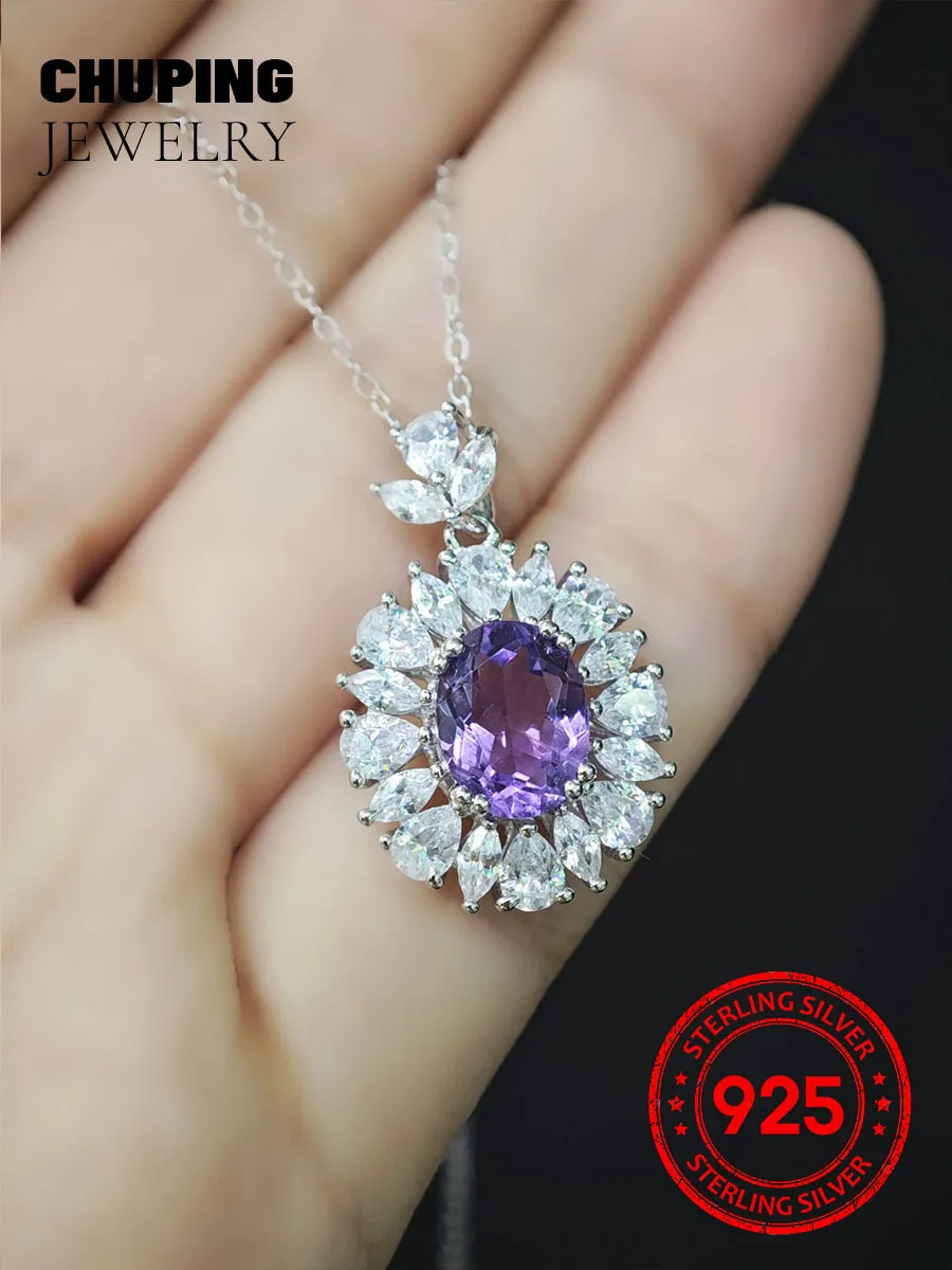 

ChuPing Fine Jewelry Natural Crystal & Amethyst & Garnet Pendant Necklace Oval Cut 7*9mm 2CT S925 Silver For Women Dressedup