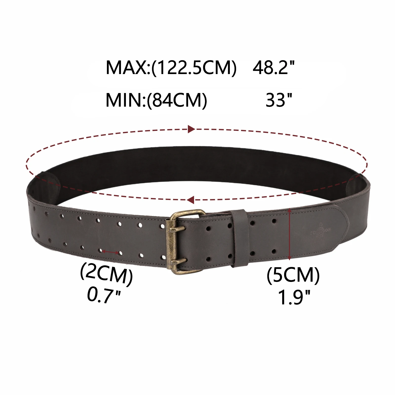 Tourbon 2'' Work Belt in Heavy Top Grain Leather Double Prong Tongue Roller Buckle Tools Belts 84 - 112cm(33'' - 48'') for Men