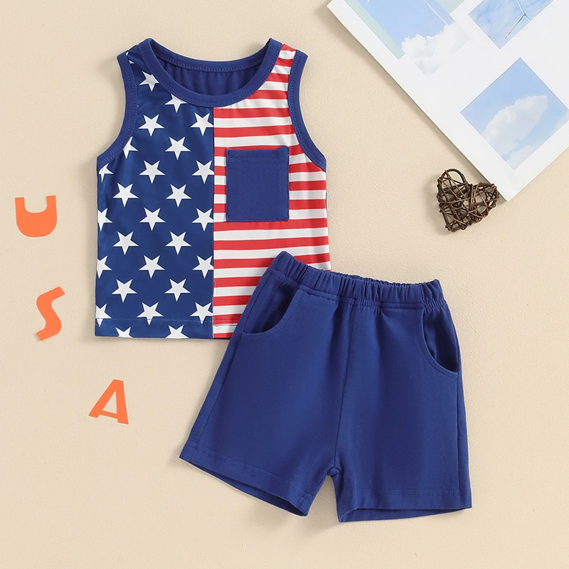 

2024-03-13 Lioraitiin Toddler Boys 4th of July Outfits Stripe Stars Print Pocket Tank Tops and Elastic Waist Shorts Clothes Set