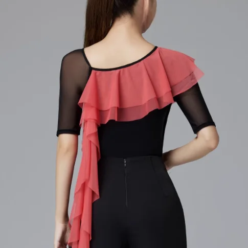 بدلة رقص حديثة قطعة واحدة مع أكمام دانتيل متدلية على الكتف، قميص تدريب للرقص اللاتيني، أزياء نسائية لربيع 2025 #5