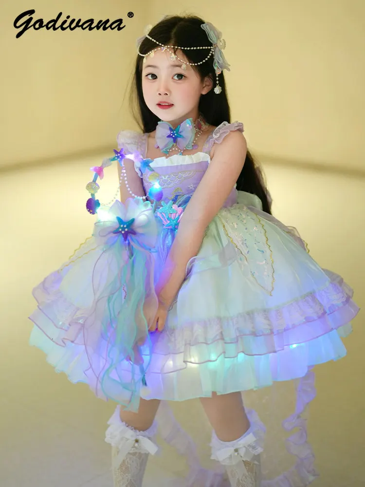 Sweet Baby Girls Lolita Princess Suspender Dress Kids Summer New Mesh Lace Big Bow Tail Luminous Light Birthday Party Ball Gown