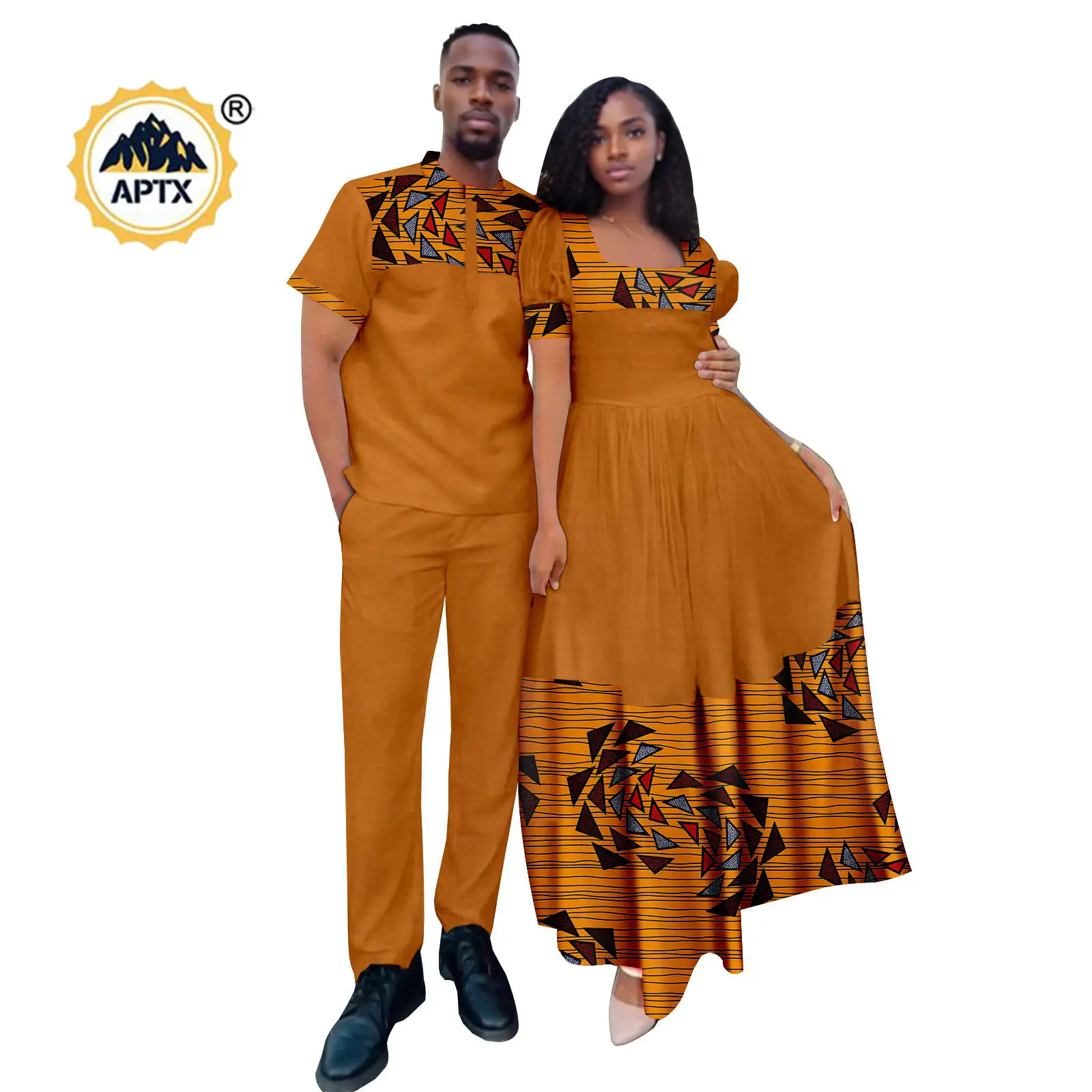 African Print Lantern Sleeve Long Dresses for Women Matching Couple Outfits Dashiki Men Patchwork Top and Pant Sets 24C092