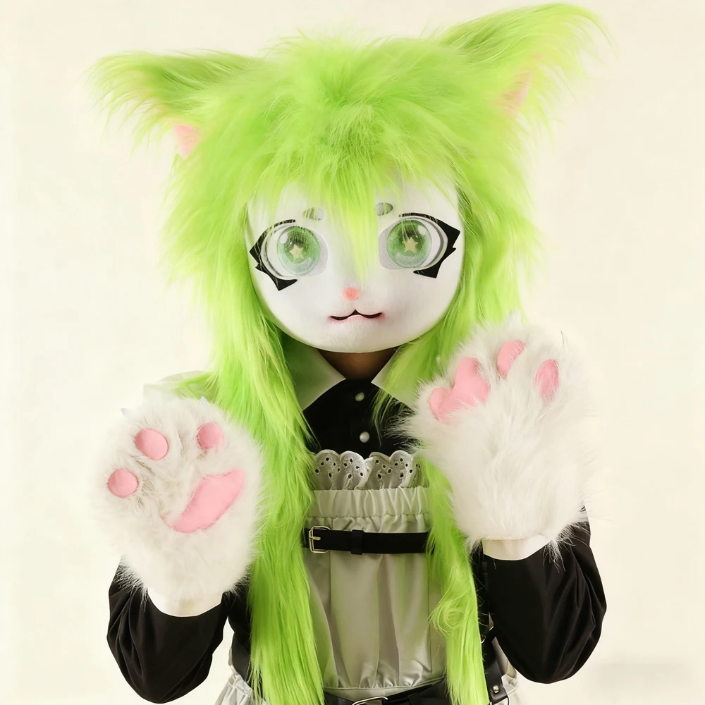 Maschera per la testa di animale in stile Kigurumi deluxe - Adorabile set completo per cosplay di Fursuit indossabile in peluche con orecchie di gatto Lolita