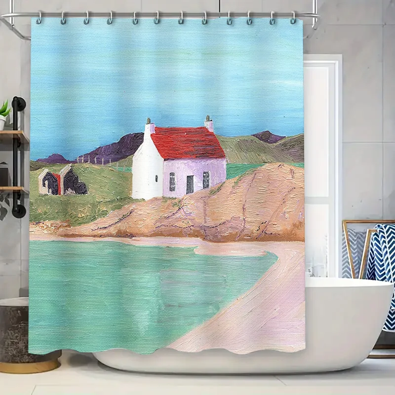 

Coastal Cottage Shower Curtain Beach House Decor Ocean View Bathroom Set Rustic Farmhouse Backdrop Scenic Wall Hanging