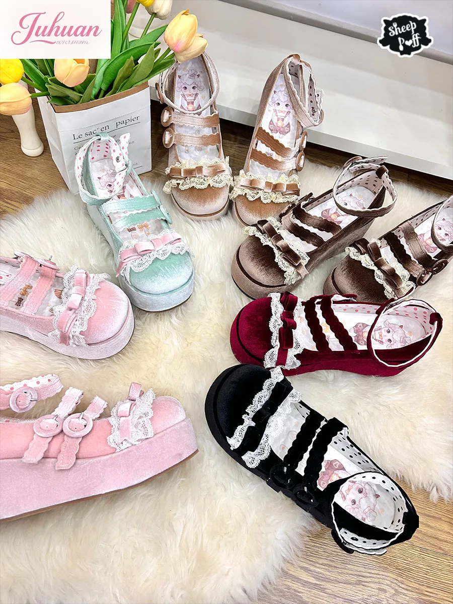 

Kawaii Japanese Original Velvet Powder Sweet and Cute Platform Single Shoes Women Lolita Versatile Bow Lace Muffin Shoes Female