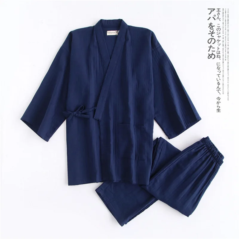 Men Japanese Yukata Kimono Pajamas Shirt Trousers Set Comfort Tracksuit Cotton Gauze Loose Fit