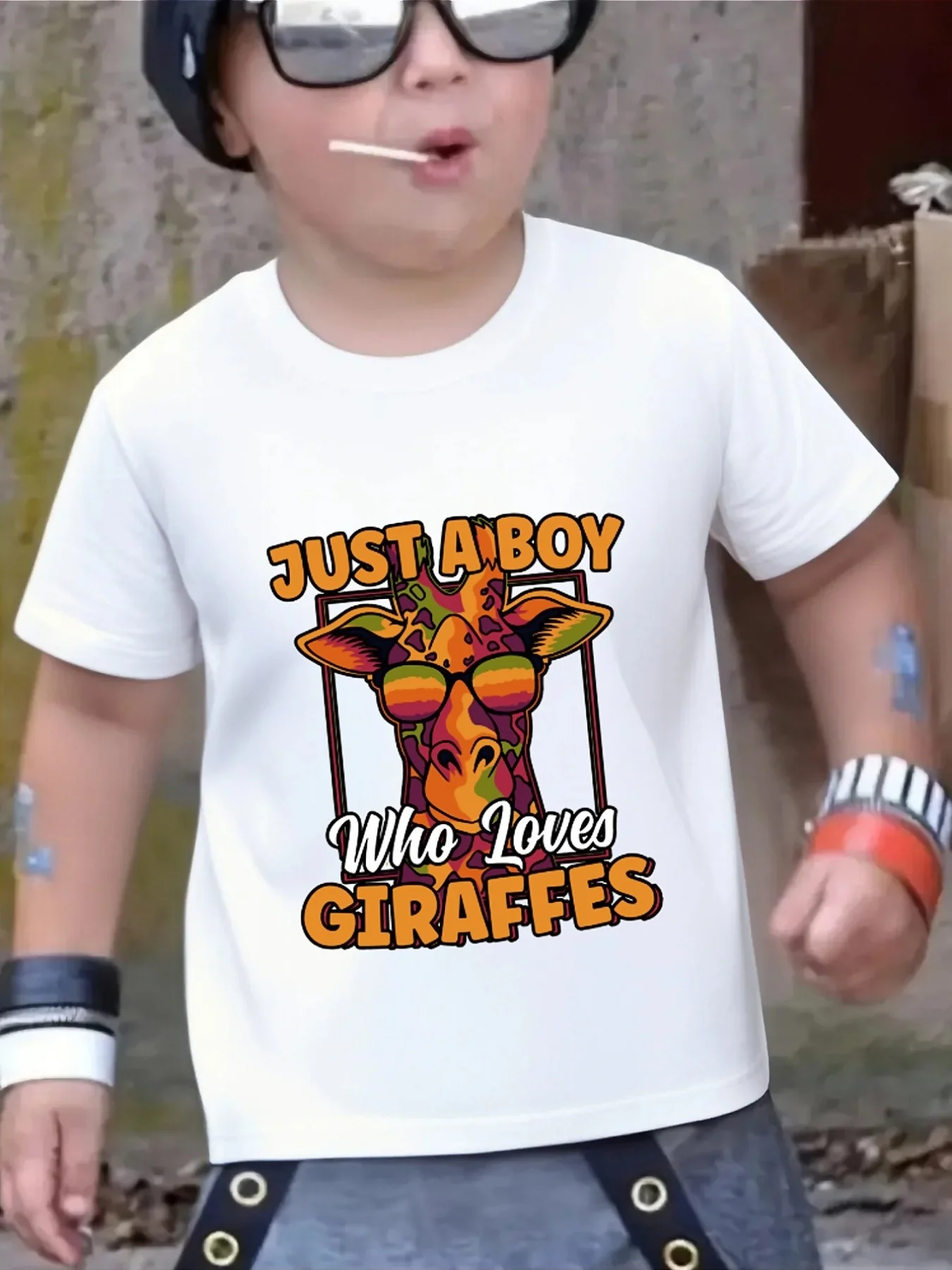 Cute Just A Boy Who Loves Giraffes Colorful Sunglasses Giraffe Print Family Matching T Shirt Boys Girls Short Sleeve Cotton Tops