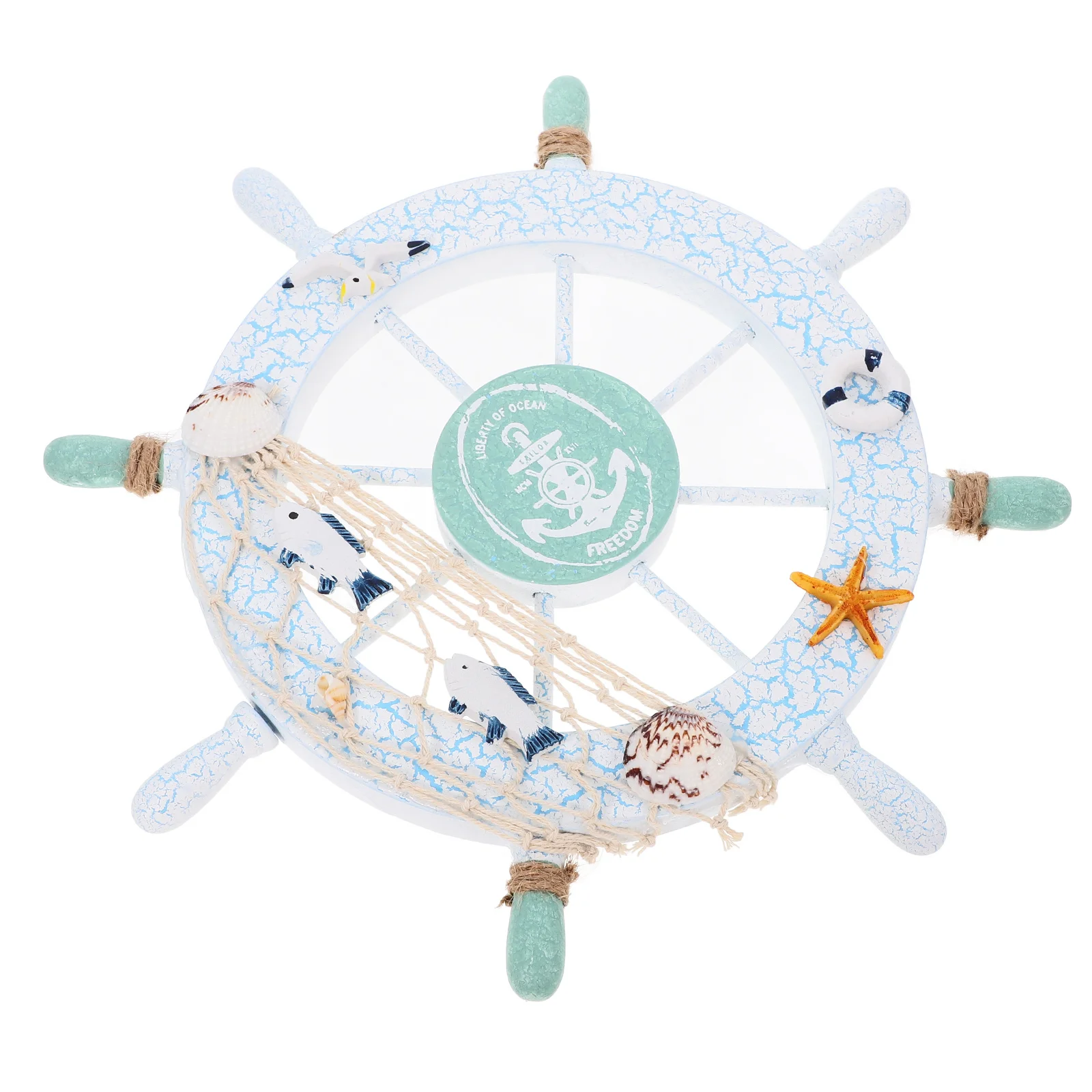 

Nautical Wooden Ship Wheel Boat Steering Wall Decor 8 Spokes Light Blue White Easy Mount Home Beach Sailing Art Fish Bird