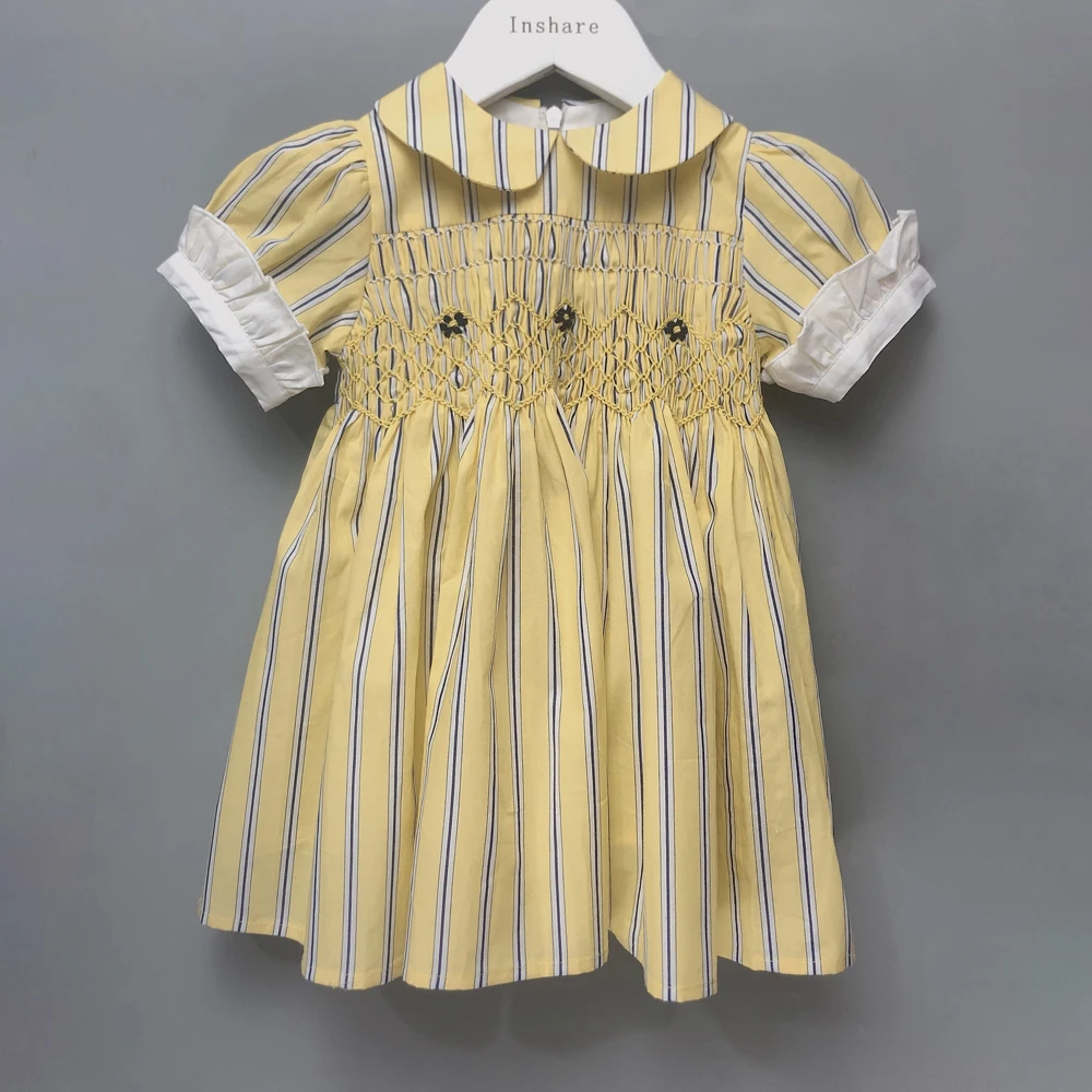 Children Boutique Clothing Summer Short Sleeve Boys Handmade Smocked Clothes Yellow Striped Set Christening Suit Easter Clothes