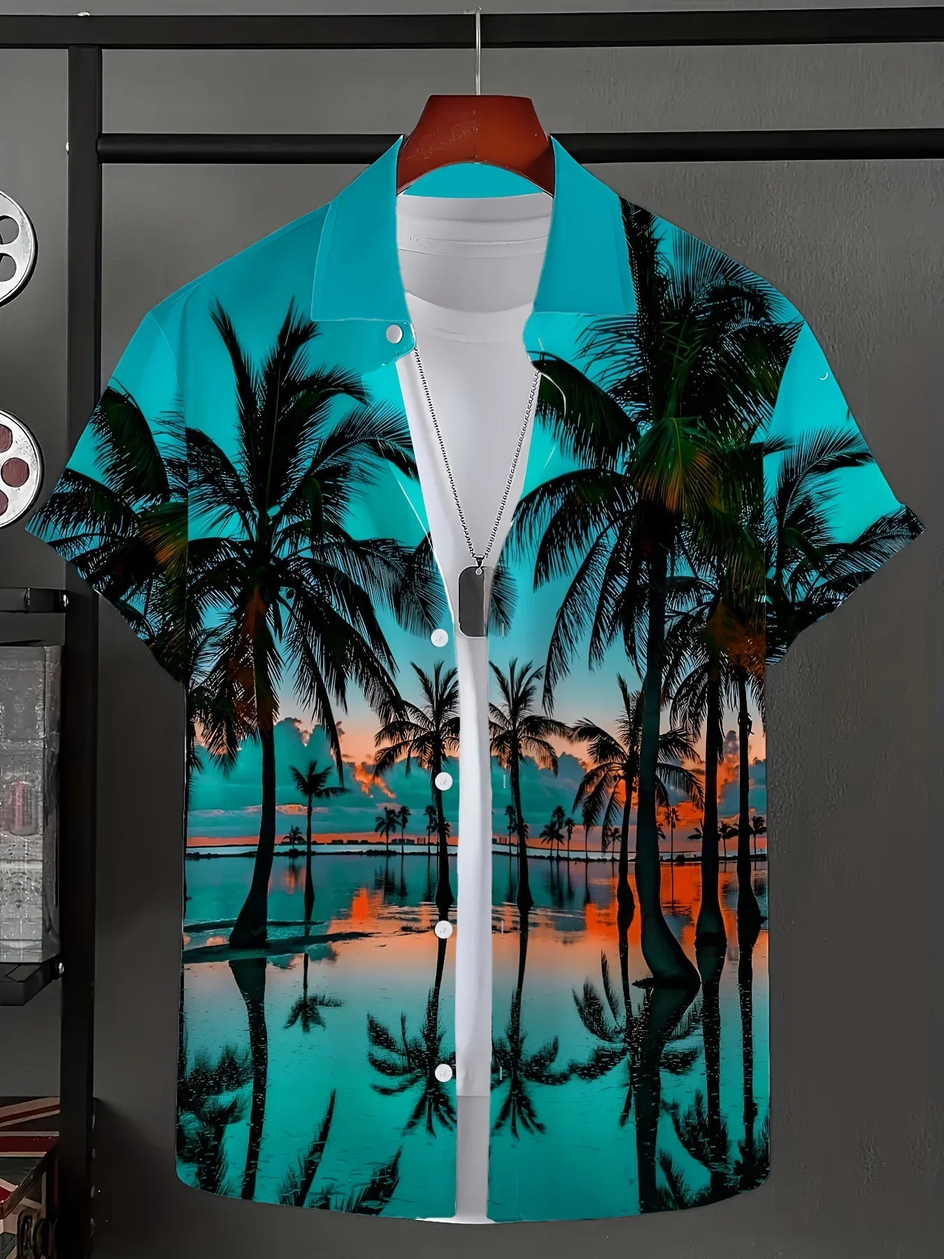 Tropical Sunset Palm Reflection Aloha Shirt Men Ocean Water Mirror Coconut Tree Silhouette Print Loose Lightweight Vacation