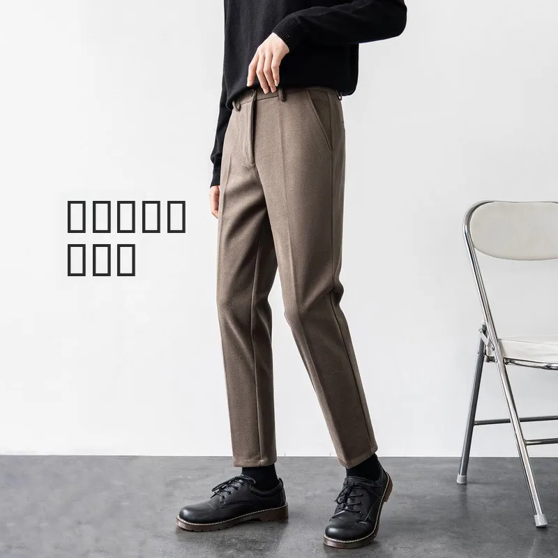 

Мужские шерстяные брюки цвета хаки, осенне-зимние, утепленные, прямого кроя, повседневные, длинные, укороченные (до щиколотки), в корейском стиле, облегающие