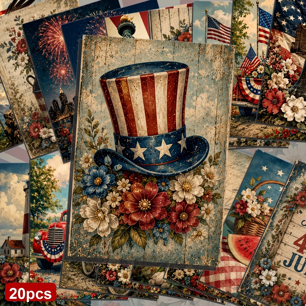 20PCS Retro American Independence Day Postcard Set, Including Nostalgic American Patriotic Flag and Free Print Pattern