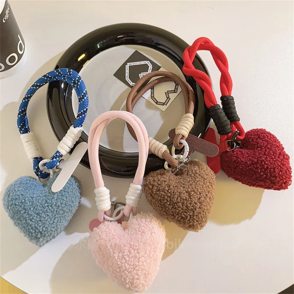 Plush Love Heart Lanyard Keychains Key Chain Rings Phone Strap Mesh Landyard Bags Braided Strips Keycord Hanging Accessories