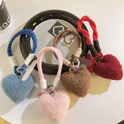 Plush Love Heart Lanyard Keychains Key Chain Rings Phone Strap Mesh Landyard Bags Braided Strips Keycord Hanging Accessories