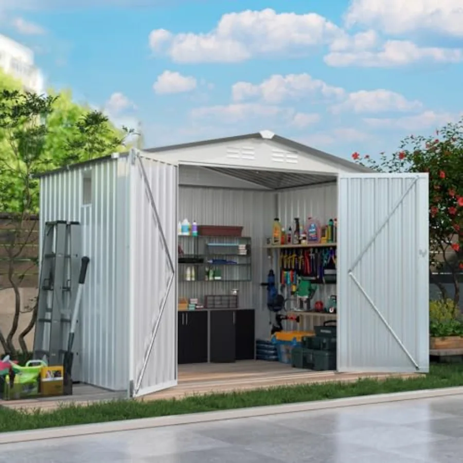 Outdoor garden storage shed for feet, galvanized steel material, gray color, waterproof and lockable with door window for backy