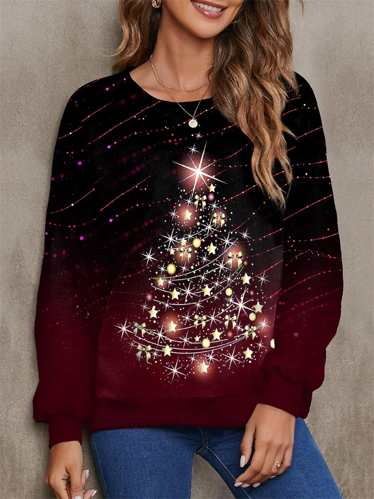 Women's Sweatshirt Festive Holiday Cats Christmas Tree Print Tee Crew Neck Long Sleeve Casual Comfort Winter Apparel Teal Top