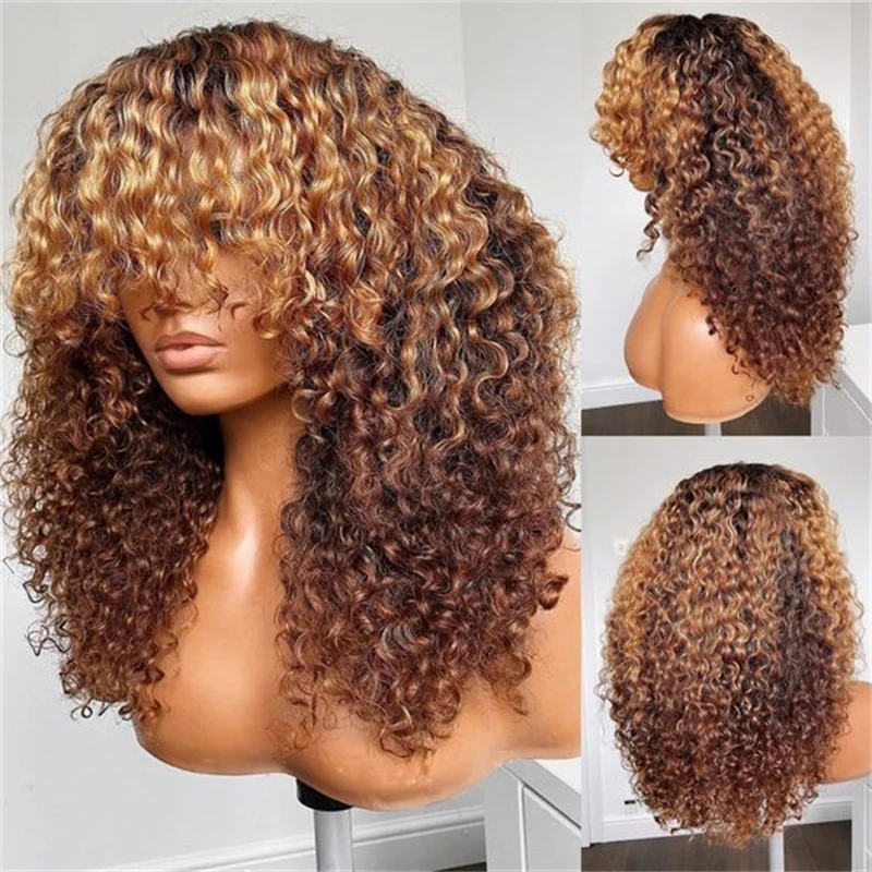 

Soft Ombre Blond 26 Inch Kinky Curly Machine Wig With Bangs For Women High Temperature Fiber Cosplay Glueless Daily Use Wig