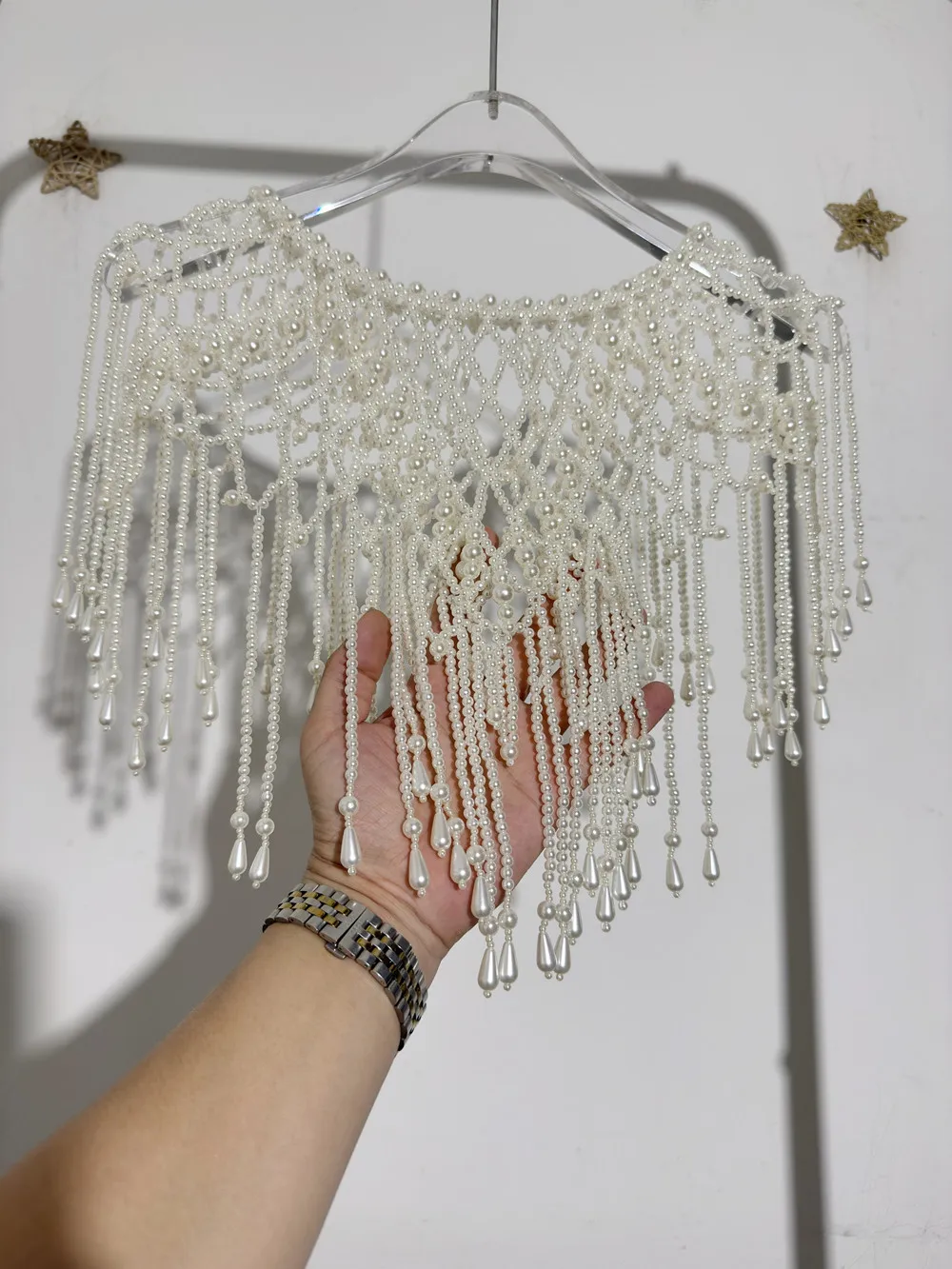 

Handmade New Delicate Patterns Women Exquiste Pearl Poncho Shawl Scarf Necklace Beaded Fringe Top Cover Up Beachwear