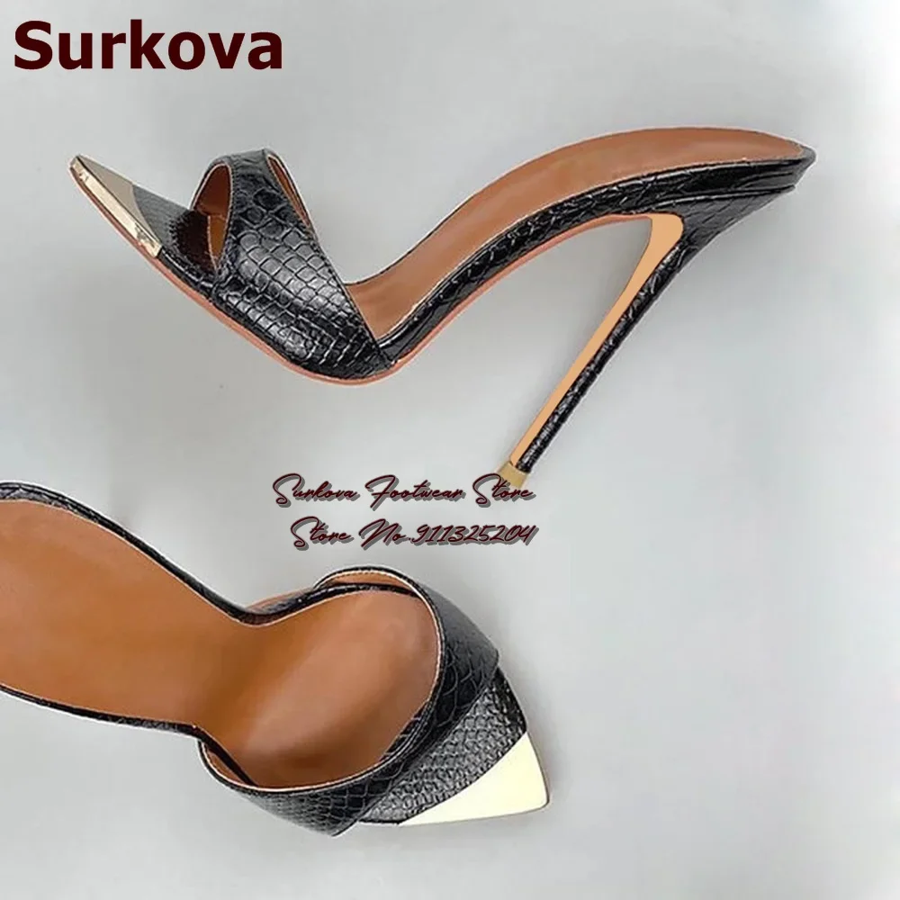 Surkova Pink Snaskeskin Gold Metal Steel Tip Toe Sandals Sexy Python Pattern High Heel Modern Slippers Slip-on Dress Shoes