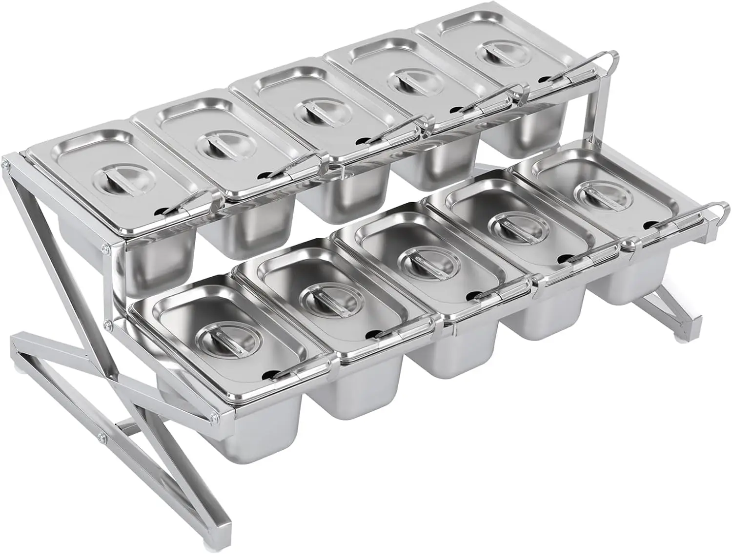 

Pizza Topping Station, 2 Tier Condiment Seasoning Containers with Lid and 10 Pans, Stainless Steel Inclined Holder or
