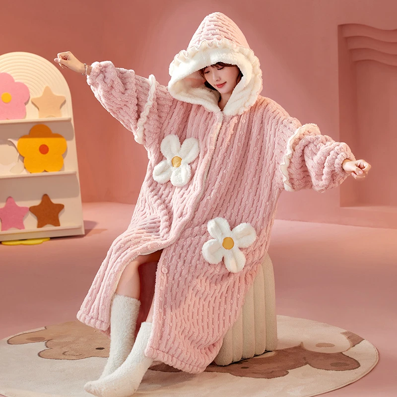 Nightgown Autumn And Winter Thickened Coral Fleece Cute Flower Hooded Outer Wearing Single-Breasted Flannel Home Clothes Women