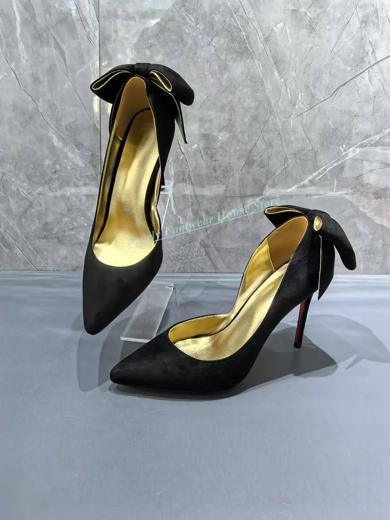 Classic Black Velvet Woman Stiletto Heel Pump Shoes Female Back Butterfly-knot Slip On Pointed Toe Wedding Party Single Shoes