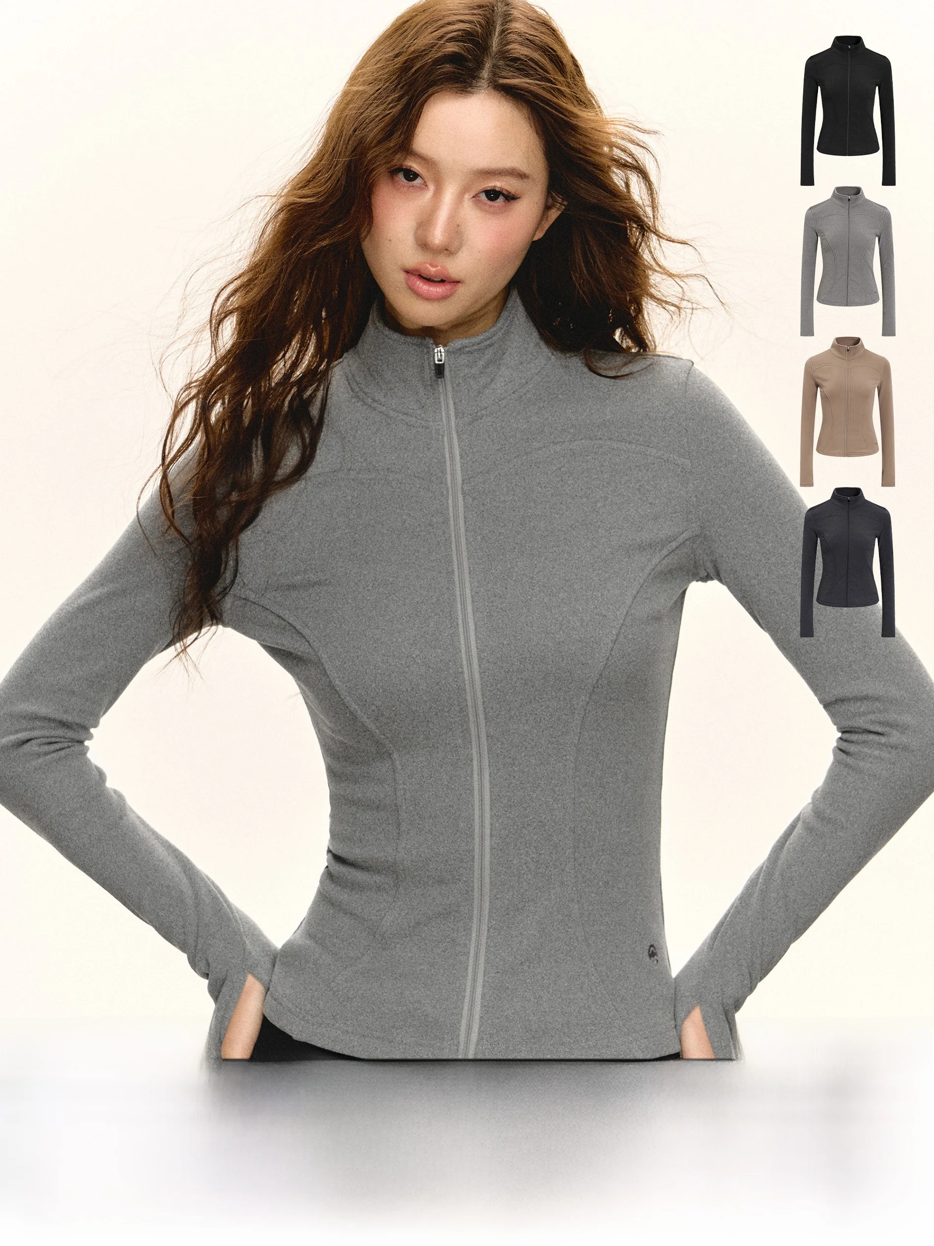 

Ariseism American Retro Stand Collar Yoga Jaet Women's Slim Fit Versatile Top Polyester Fiber Warm Long Sve Zipper Closure